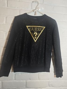 GUESS Black Glitter Logo Sweatshirt with Gold Triangle
